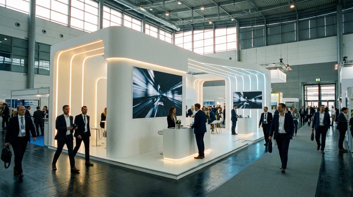 Modern exhibition stand with clean design at a medical trade fair