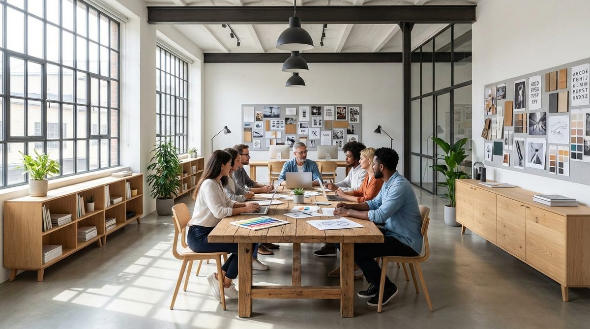Creative agency office workspace with designers collaborating on advertising projects