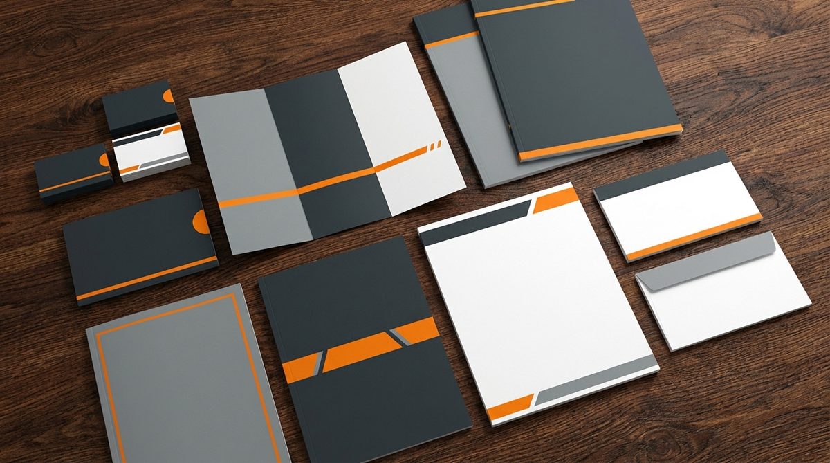 Print advertising materials and brochures spread across a desk